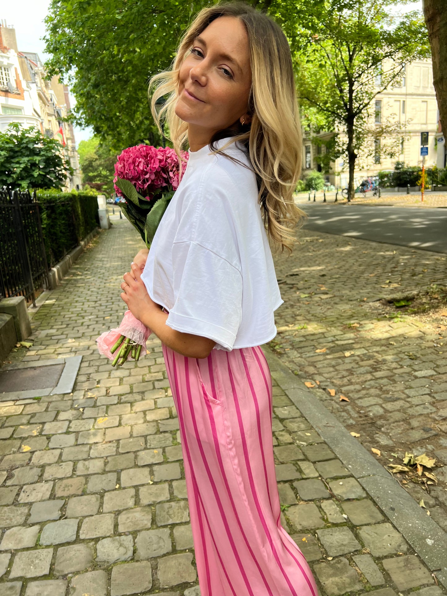 Pantalon rose ligné